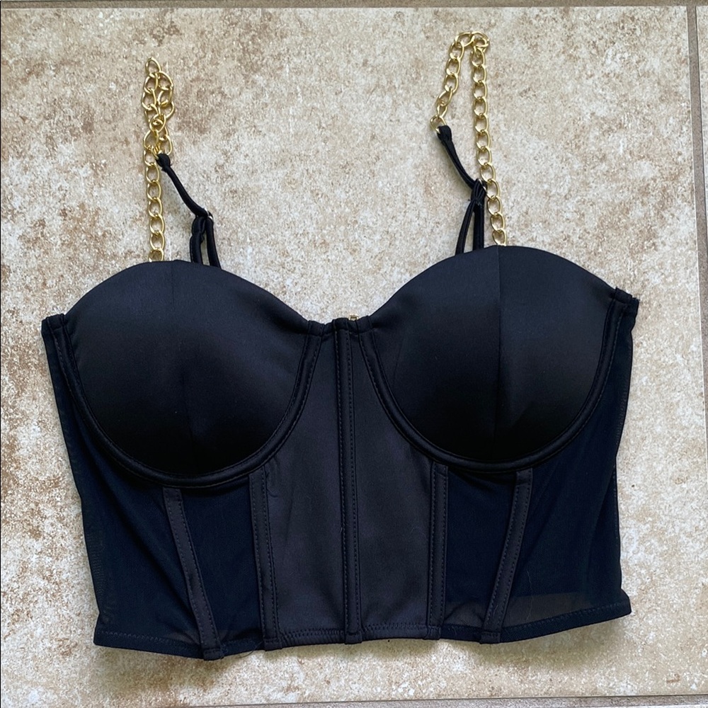 Black Corset Top with Gold Chain Straps